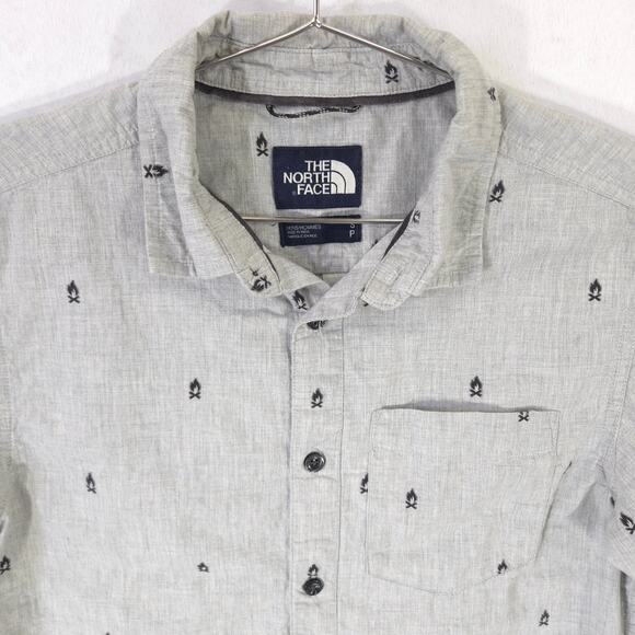 The North Face Shirt Mens Small Gray Campfire Print Slub Button Up Short Sleeve - Picture 2 of 10